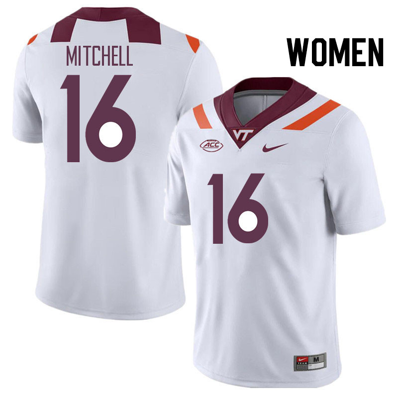 Women #16 Tralon Mitchell Virginia Tech Hokies College Football Jerseys Stitched Sale-White - Click Image to Close